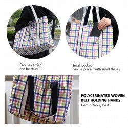 Insulated cooler tote bag with front pocket, stitched handles, and fabric belt hand loops