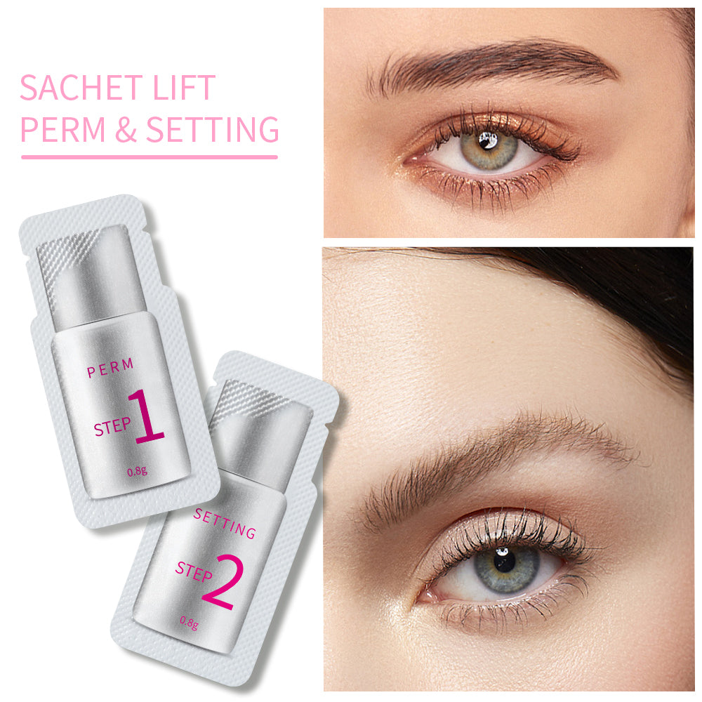 Lash perm lotion pouches set with Step 1 and Step 2, shown with eye lash close-up