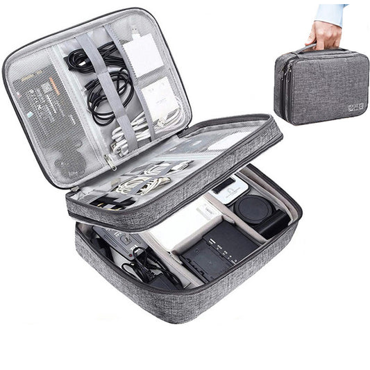 Double-layer electronics organizer bag, dark gray, open with elastic divider straps